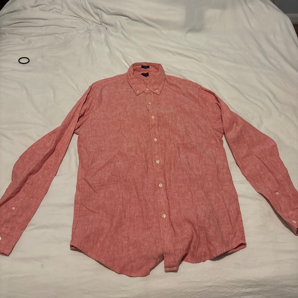 J Crew Shirt Mens Large Slim Fit Linen Casual Pocket Button Down Red Long Sleeve
